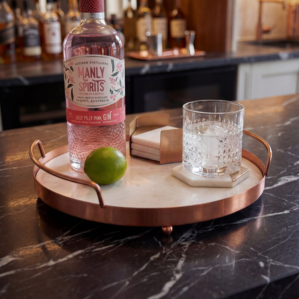Round Copper & Marble Serving Tray